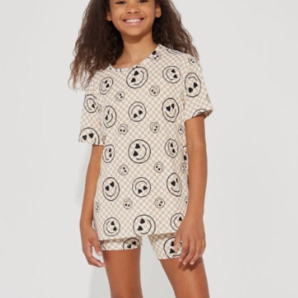 NEW 2 Piece Set GIRLS  4/5 & 6/6X Biker Shorts with Shirt Set - Khaki EMOJI